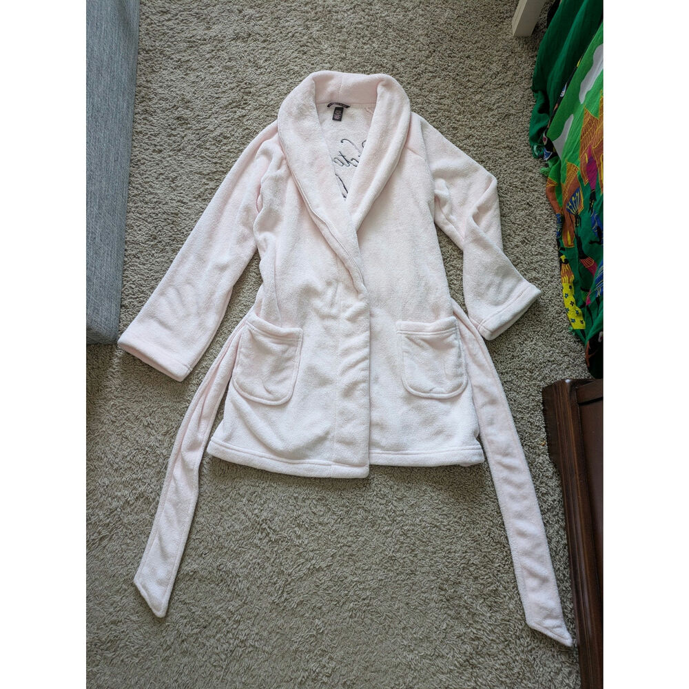 Victorias Secret Embroidered Logo Plush Fleece Robe S Baby Pink Barbie Coquette - Picture 7 of 9